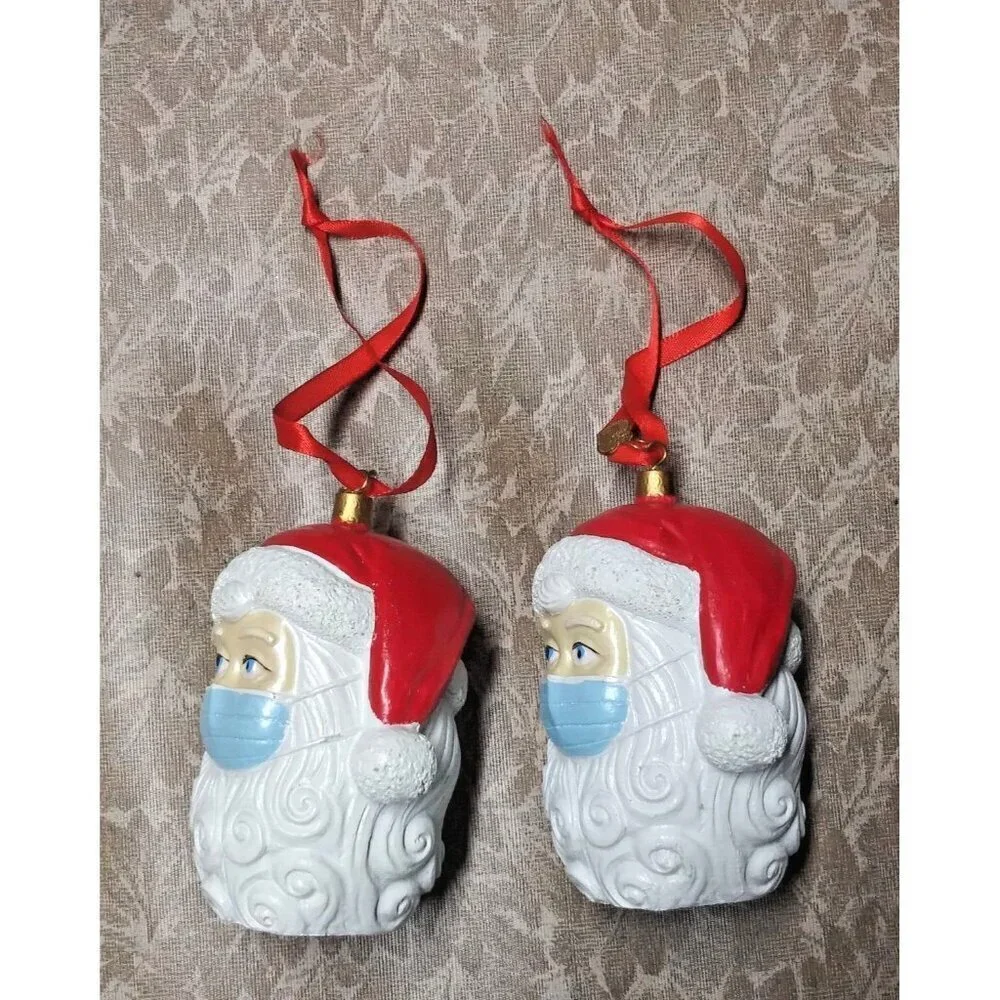 2 Santa Christmas Ornaments 3D Wearing Mask Creative 2020 Hanging Decor NEW